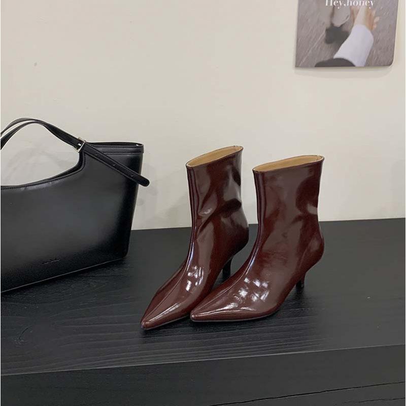 2025 autumn and winter new thin heel middle heel fashion pointed short boots wide boots solid color versatile boots