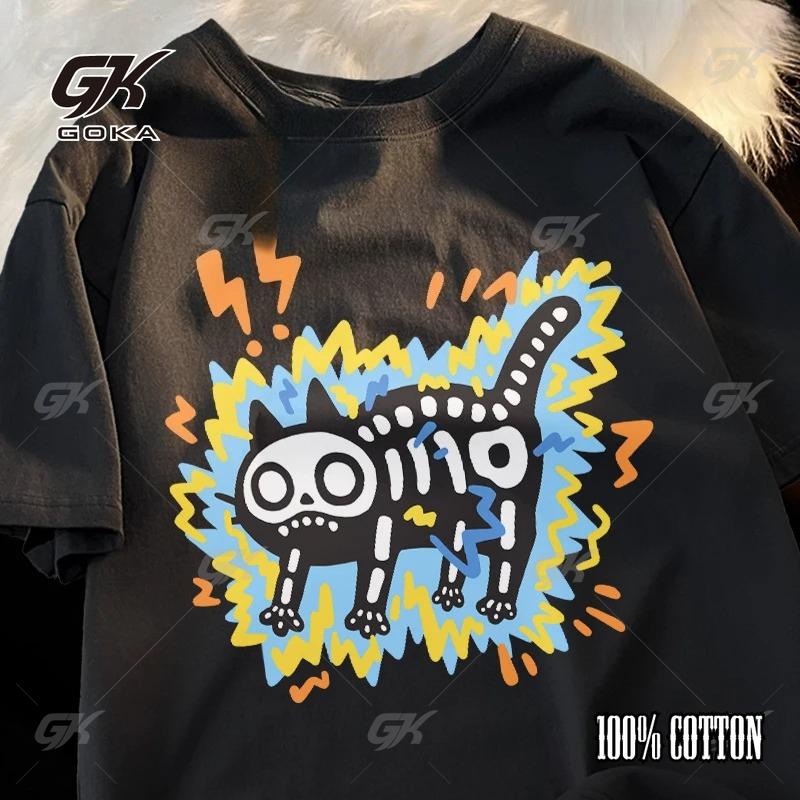 

Couple Electric Shock Cat Trendy Brand Trendy Cotton Loose Short Sleeve Casual T-shirt Men Women Summer Skull Cat Original Tee S