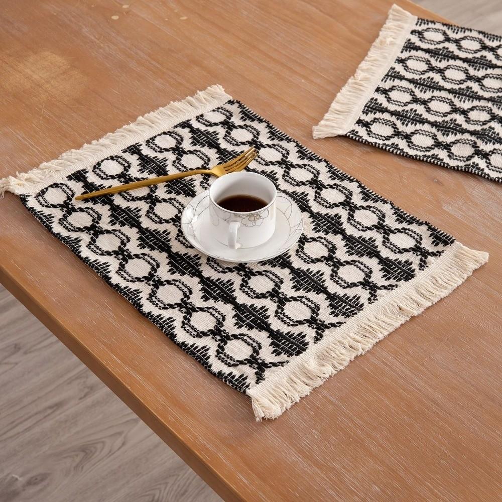 2pcs Modern Linen-cotton Placemats Handmade Tassel Farmhouse Tableware Mat Double Color Splicing Heat Insulation Mat