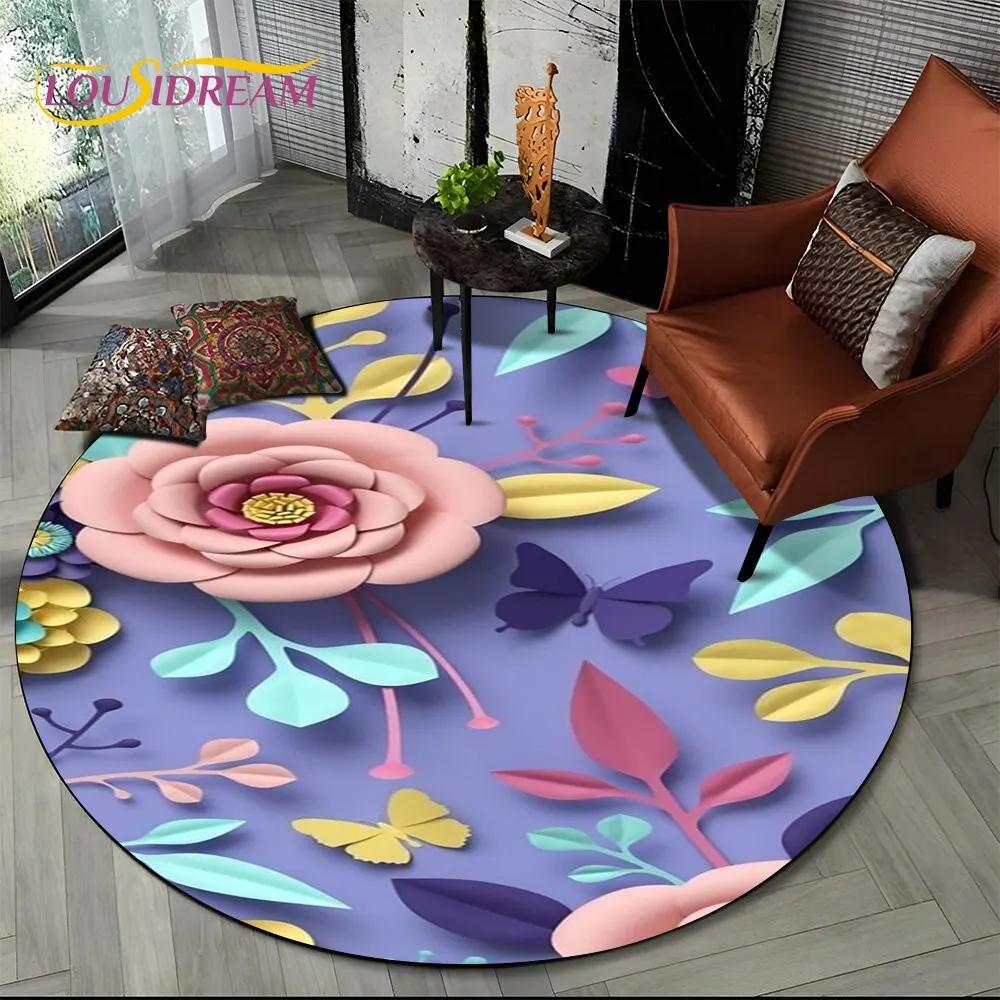 3D Daisy Nordic Flower Sunflower Round Area Rug,Carpet for Living Room Children's Bedroom Sofa Playroom Decor,Non-slip Floor Mat