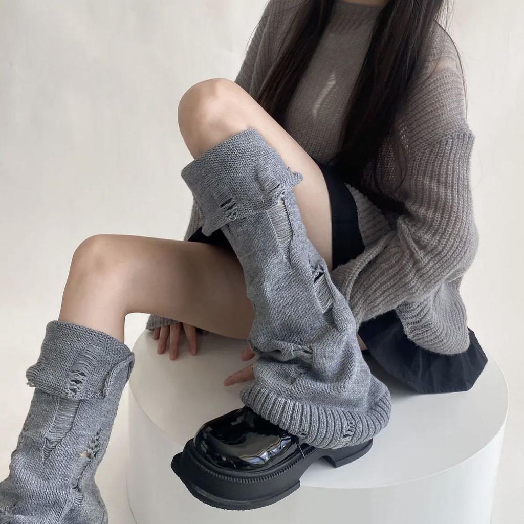 Autumn Winter Japanese Y2K Spice Girl Subculture Hole Open Cuffed Ripped Mid-calf Cute Versatile Leg Socks Covers