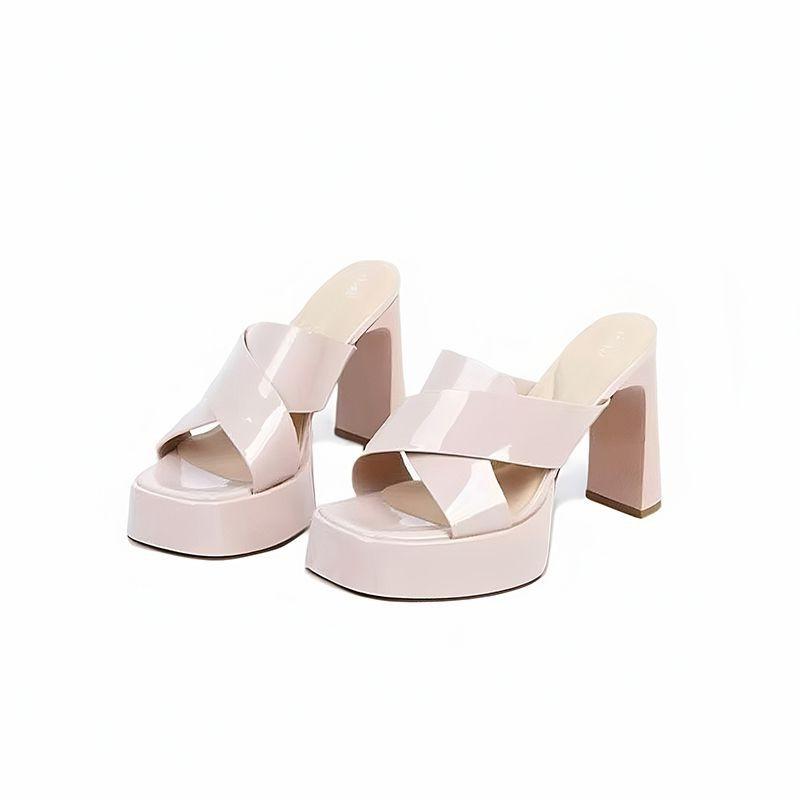 Waterproof Taiwanese Square Heel Slippers Women's Square Toe Open Toe Cross Strap Anti-Slip Wear-Resistant High Heels