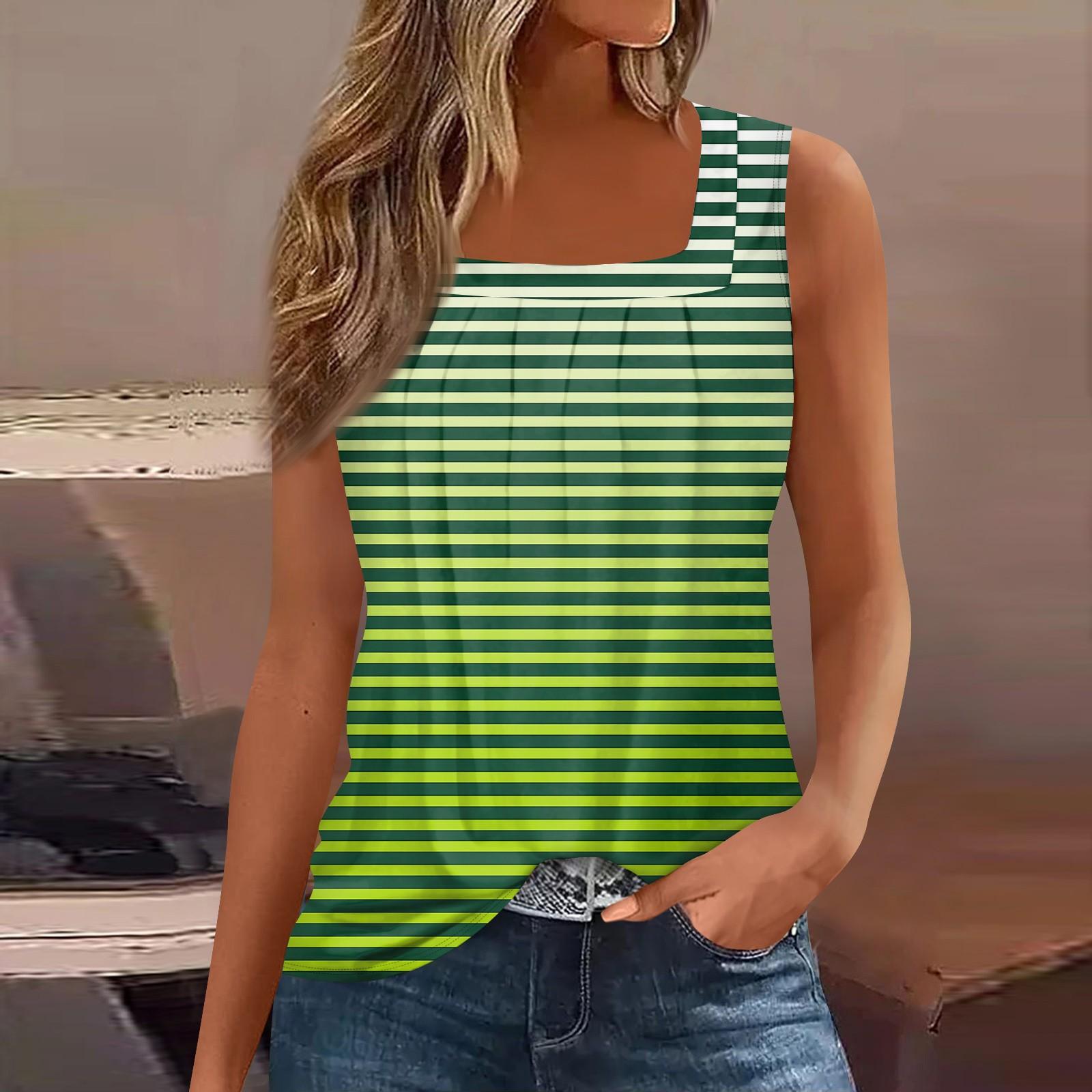 

Женская летняя повседневная плиссированная футболка без рукавов с квадратным вырезом и принтом L зелёный