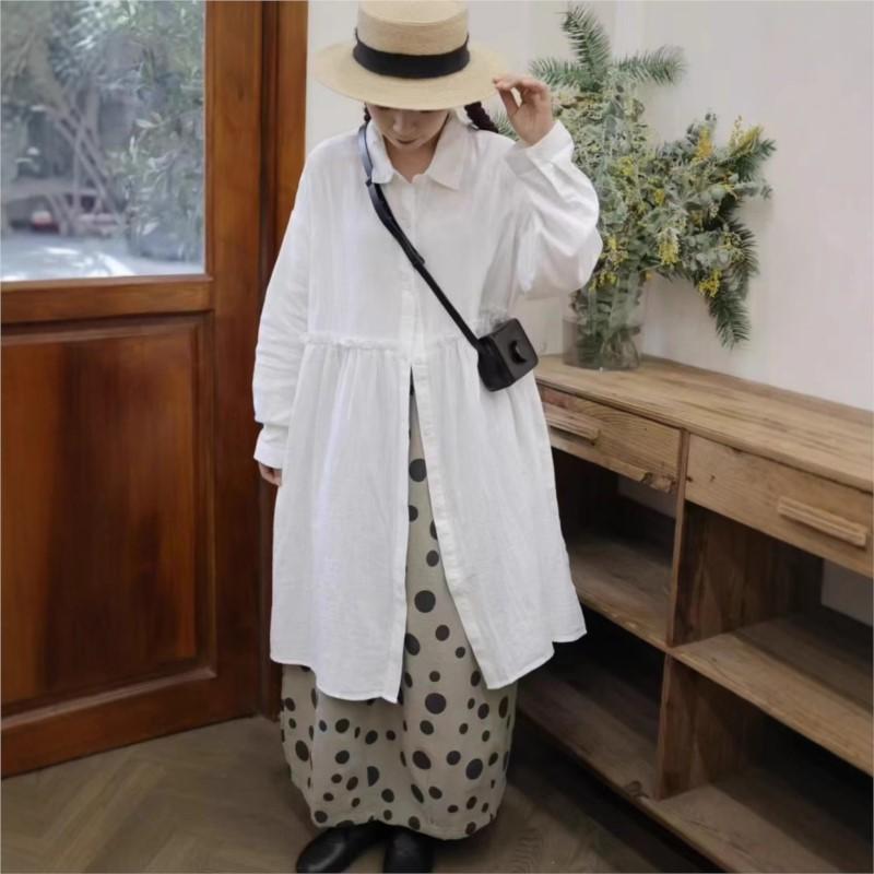 

Johnature Vintage Long Shirt Women Spring Spell Fungus Edge Loose Turn-down Collar Women Tops One Size сірий колір