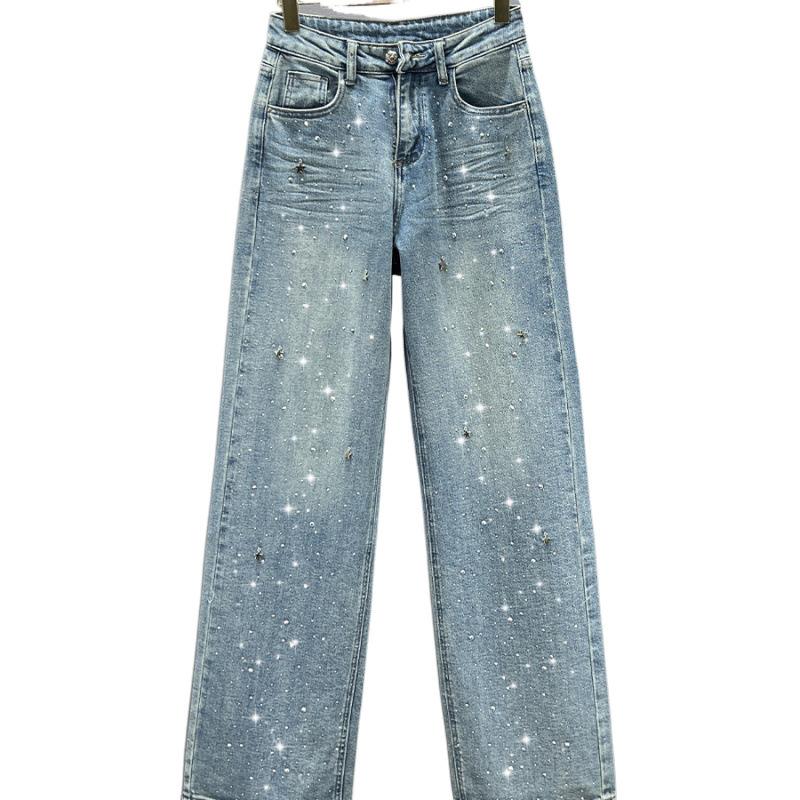 

Дизайн кулона из стразов Джинсы с высокой талией и эффектом варки Женские летние свободные, стройнящие и универсальные брюки прямого кроя XL синий