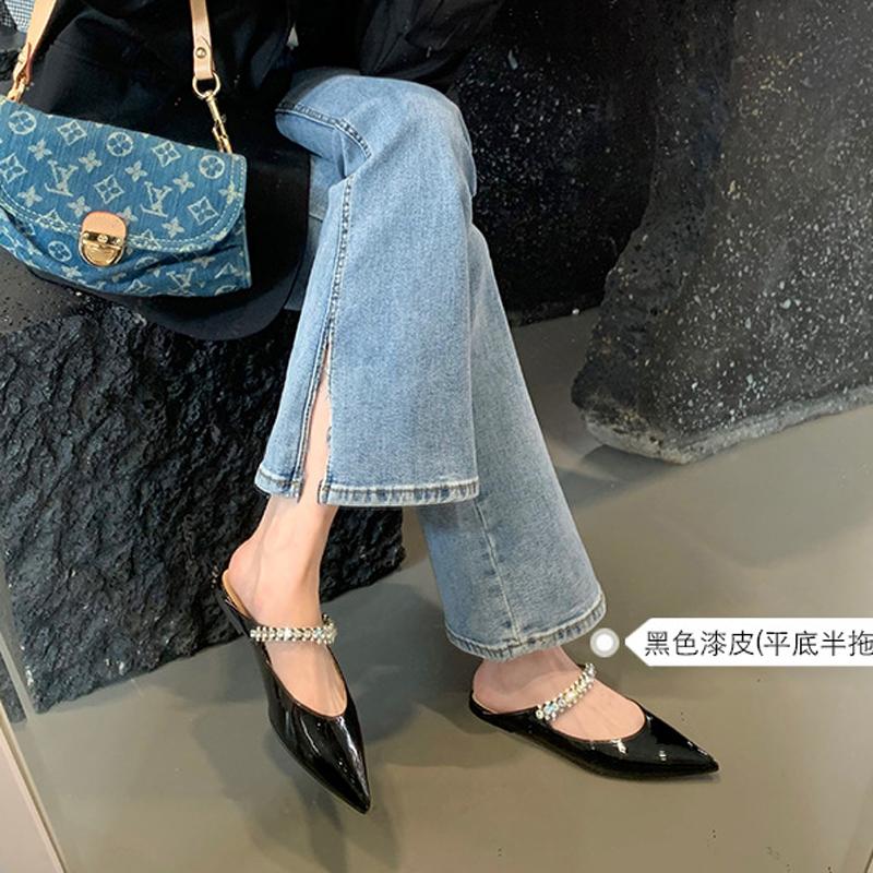 Mode Flash Diamanten Hausschuhe Frau Lackleder Gürtel Sandalen Elegant Damen Pantoletten Spitze Zehenpartie Slip On Gemütliche Pantoletten Party Flipflops