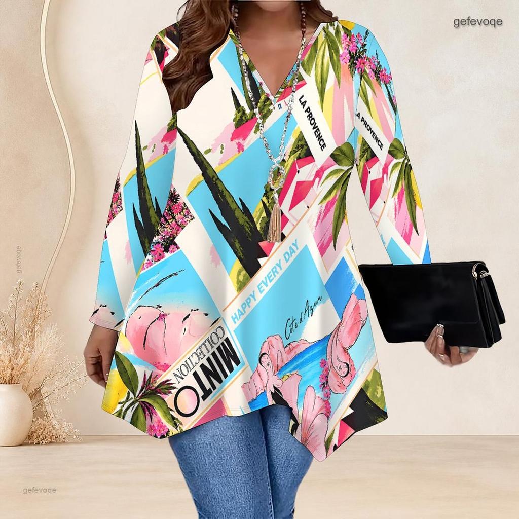 Women Plus Size V Neck Long Sleeve Purple White Tie Dye Irregular Hem Tunic Top