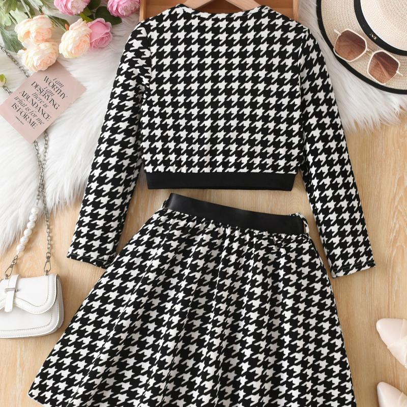 Set Elegant pentru Fete Toamnă Modă Copii Jachetă cu Mânecă Lungă Carouri Imprimeu Păsări Curea Talie cu Fundă Fustă Set Două Piese