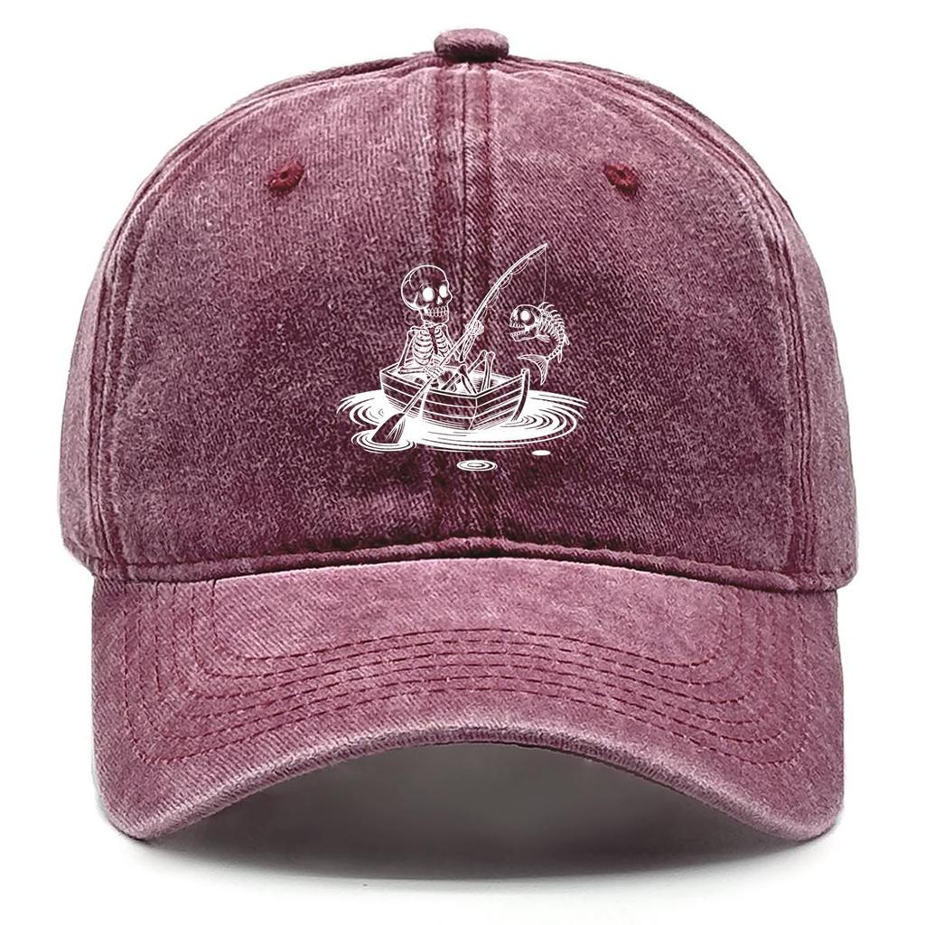 Skeleton Boating Fishing Print Adjustable Baseball Hat, Fishing Rod Trucker Hat Sun Protection Stylish Unisex Cotton Snapback Baseball Cap