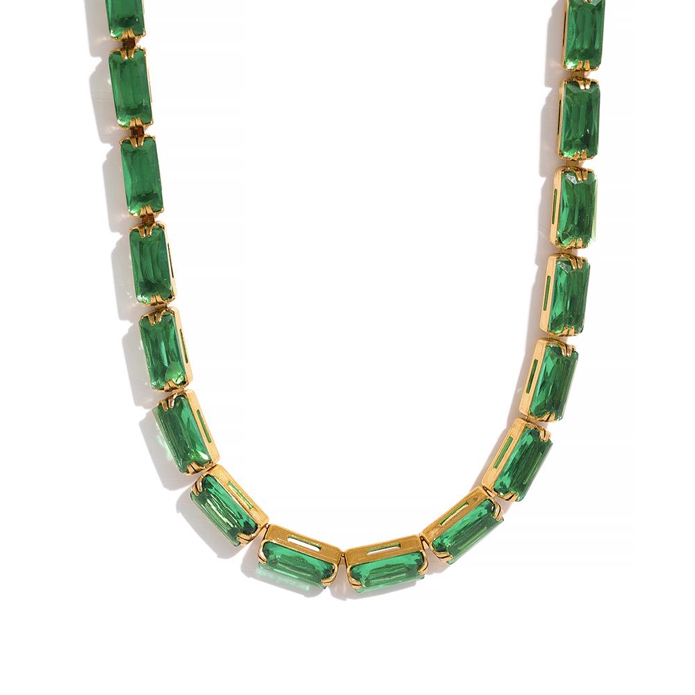 Yhpup Waterproof Fashion White Green Cubic Zirconia Stainless Steel Gorgeous Necklace Bracelet Elegant Charm Jewelry Sets Women