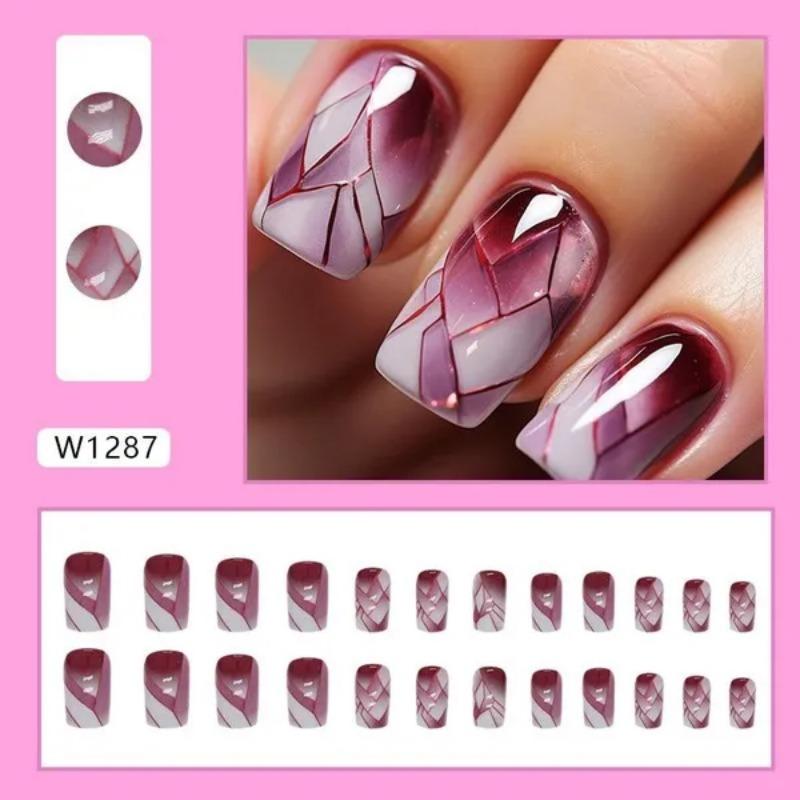 24Pcs Gradient Wine Red Marble Fake Nails Short French Ballet False Nails Press On Nails Medium Full Cover Acrylic Nail Tips