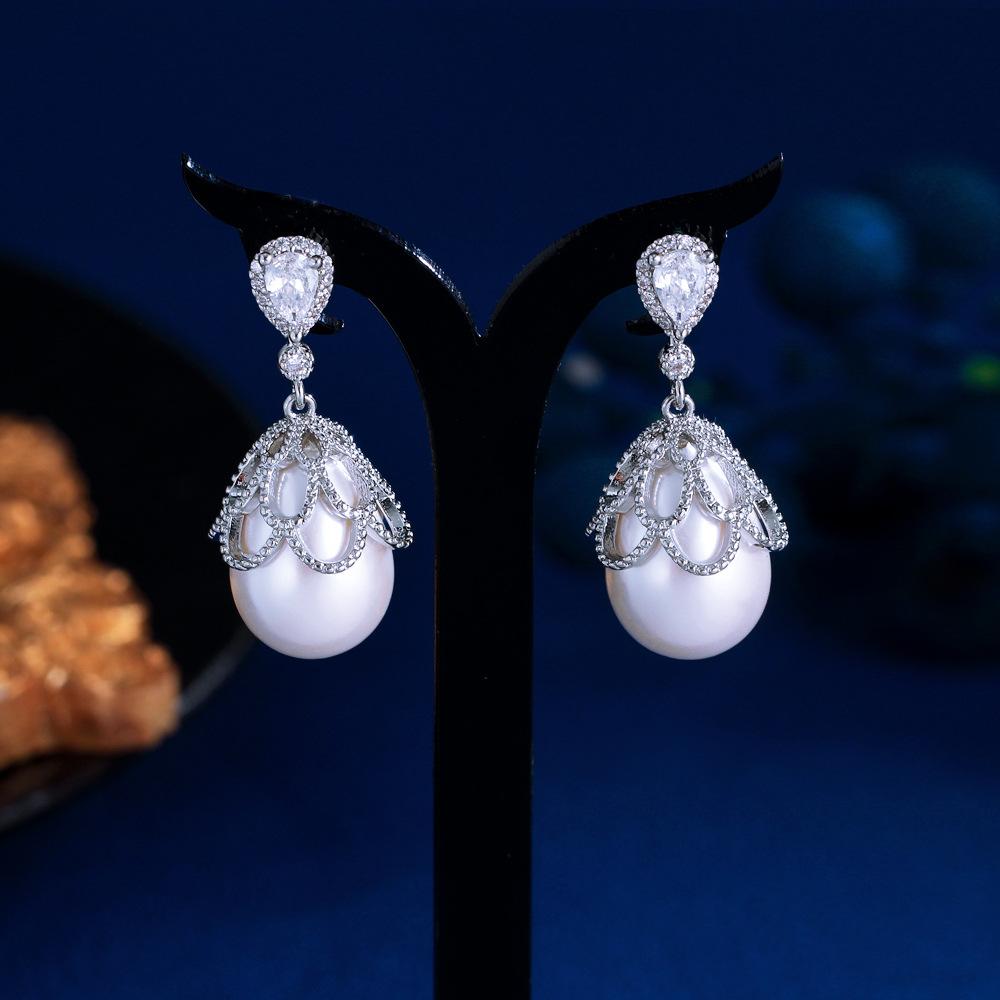 Light Luxury Lace Pearl Earrings Inlaid With Zircon Beads Earrings, Earrings, Female Pendant.