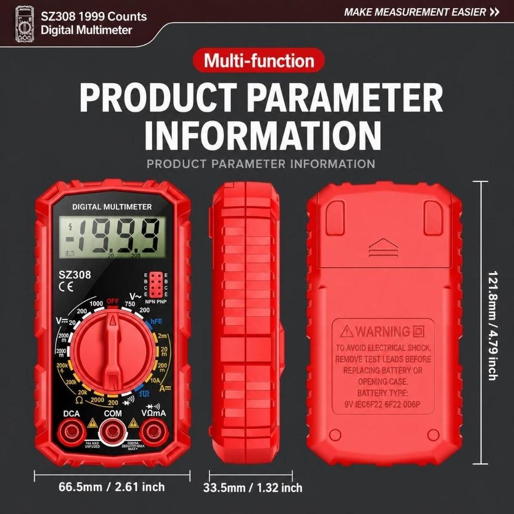 HFE Test Digital Multimeter 1999 Counts AC DC Multimeter Portable HFE Triode Tester