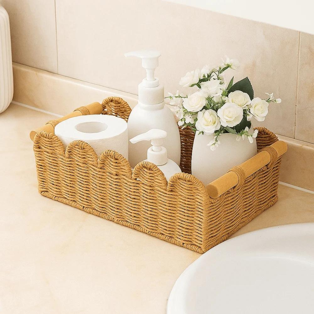 Rectangular Paper Rope Storage Basket Handmade Handwoven Toilet Paper Storage Basket Decorative Scalloped Edge