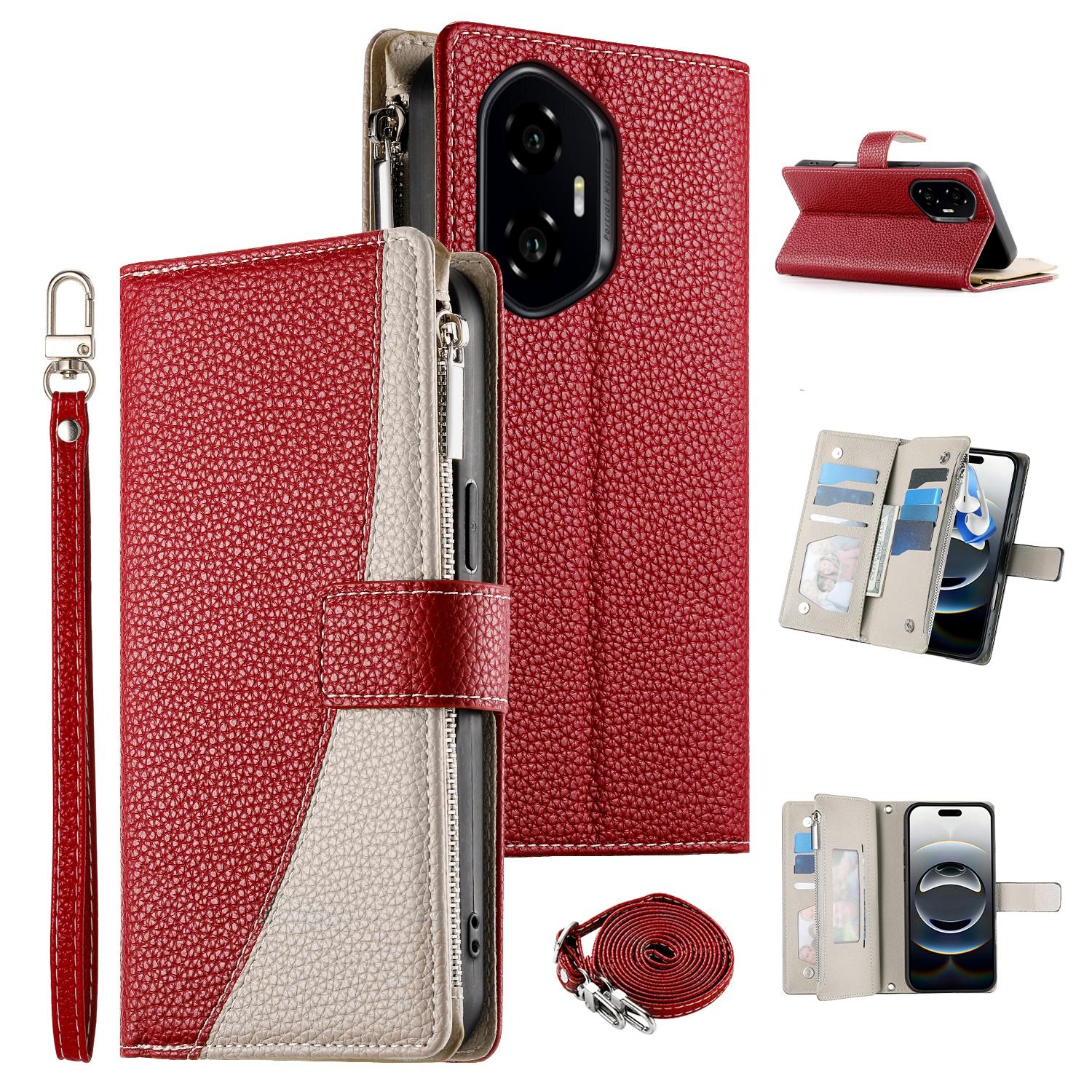 

For Honor 300 Case Zipper Wallet Color Splicing Leather Flip Phone Cover with Straps Red