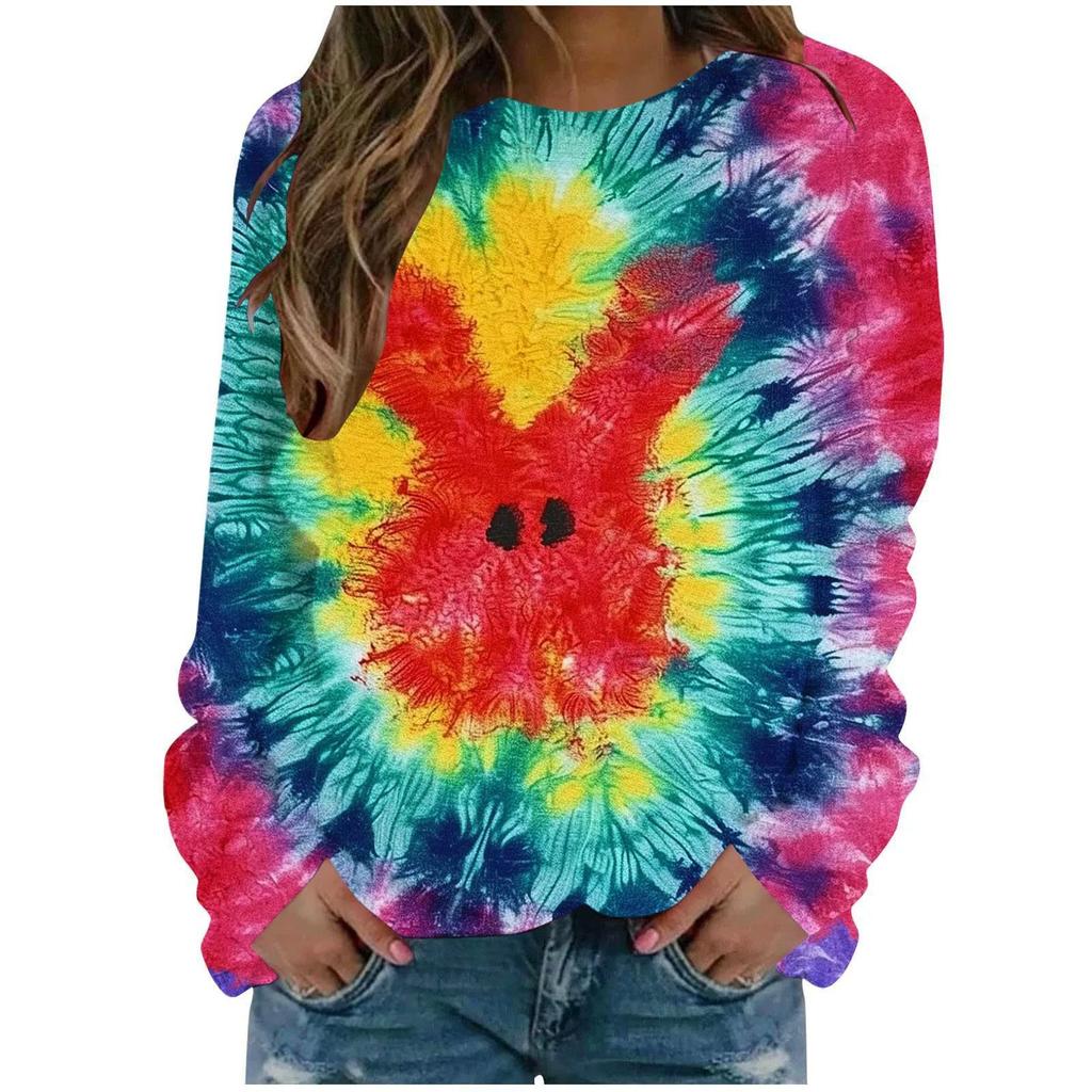 Round Neck 3D Tie Dye Rabbit Printed Top Fashionable Casual Long Sleeved Women's T-shirts