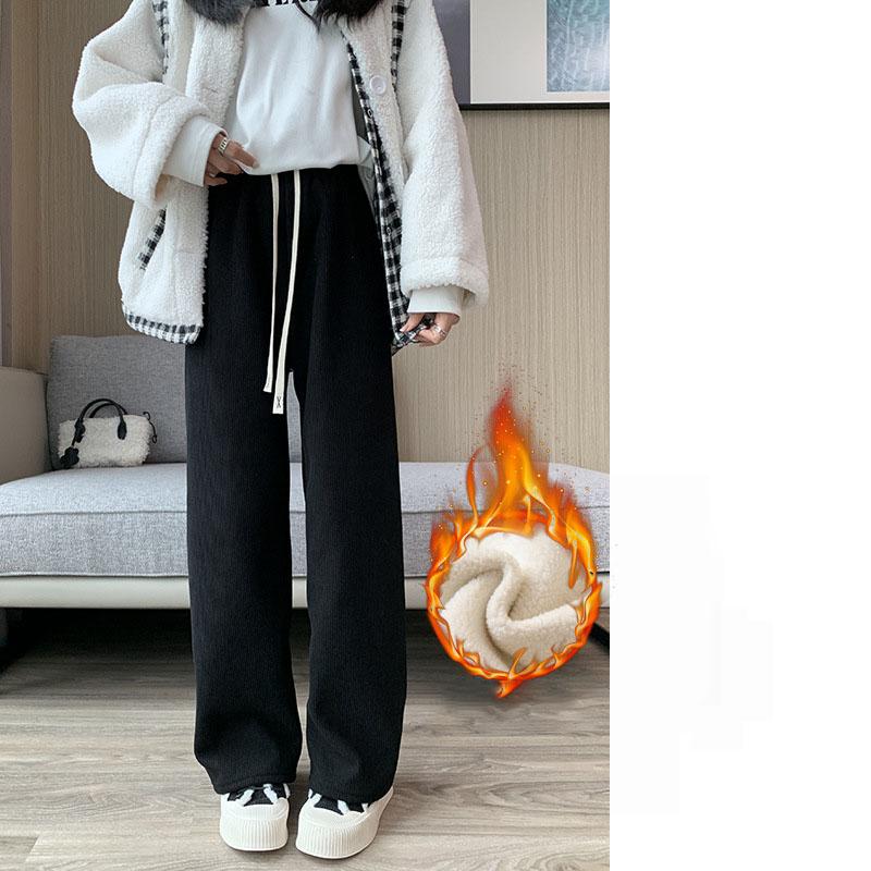 

Флисовые брюки широкие женские на осень и зиму с высокой посадкой, свободные, стройнящие, прямые, вельветовые, длиной до пола, белые повседневные брюки XS чёрный
