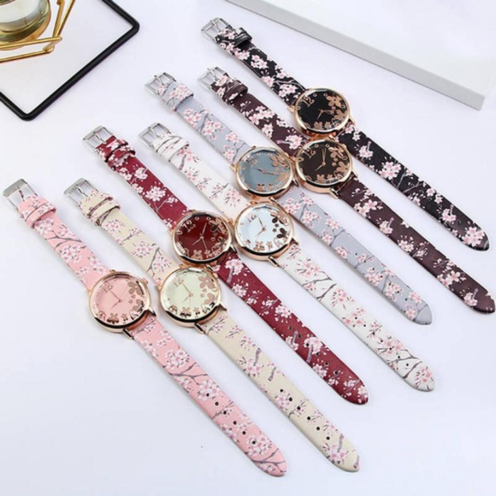 Orologio al quarzo da donna con cinturino in pelle analogico con quadrante rotondo floreale creativo