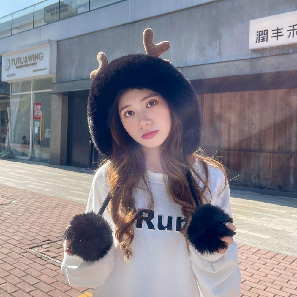 Winter Plush Antler Hat Fluffy Velvet Bucket Hat Cute Ear Protection Hat Women