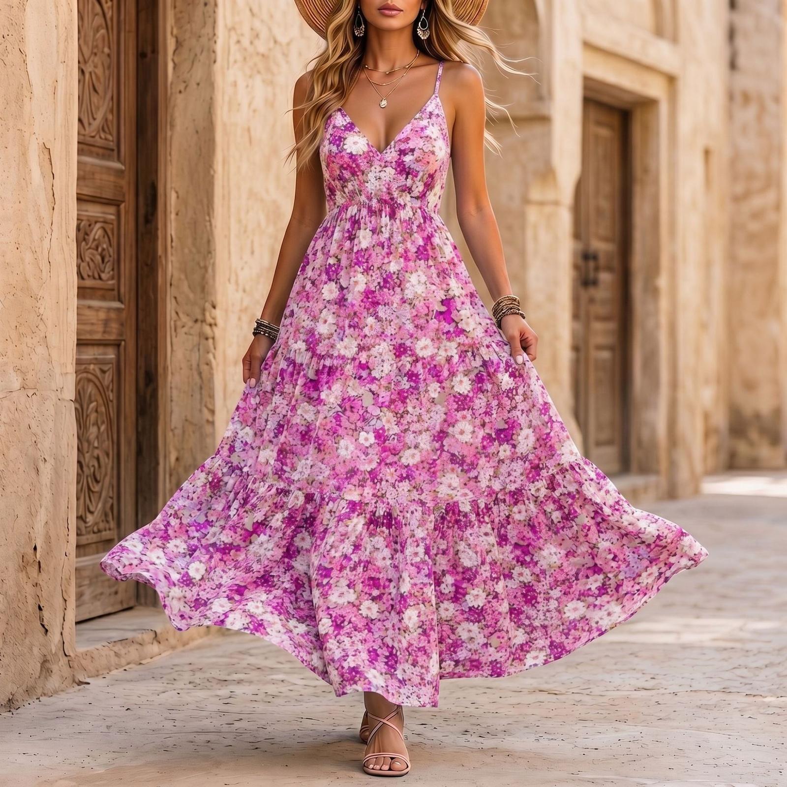 

Women’s Casual Floral Print Spaghetti Strap Maxi Dress Lightweight Sleeveless Beach Holiday Long Sundress Loose Fit Summer Dress XXL фіолетовий