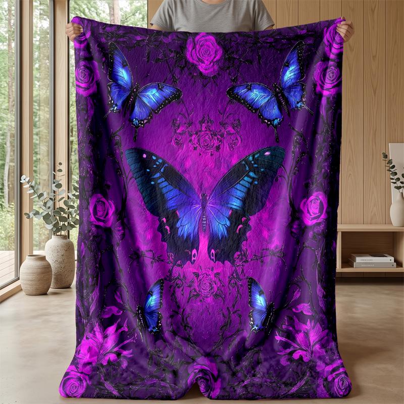 Purple Butterflies and Roses Theme Blanket Lightweight Warm Flannel Blanket Decorative Throw Blanket for Home Decoration