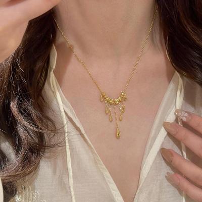Gold Water Drop Fringed Necklace Women's Round Beads Exquisite Retro Court Style Neck Chain Light Luxury High-end Collarbone Chain