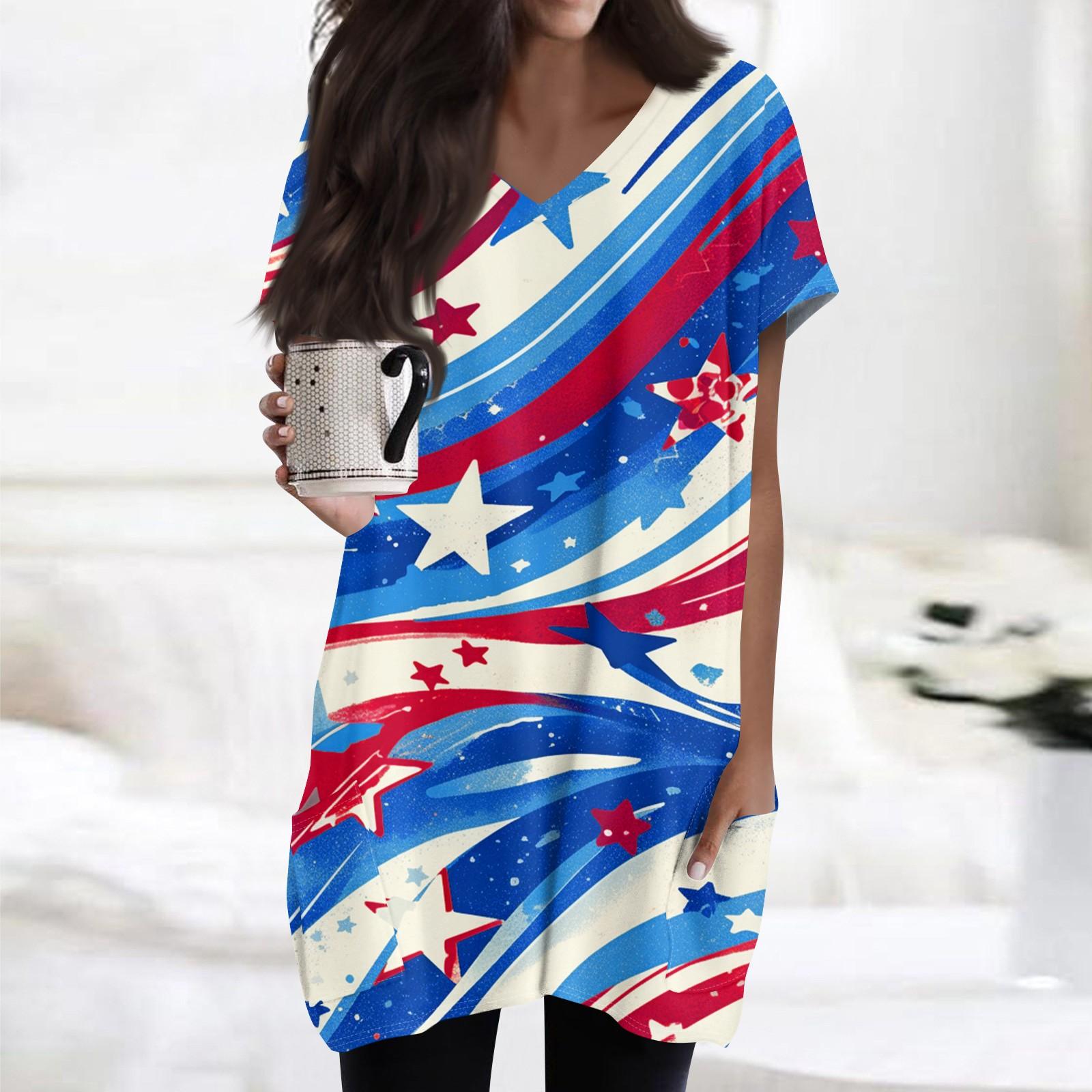 

Женский топ с принтом флага Дня независимости, V-образным вырезом, карманом средней длины и коротким рукавом S