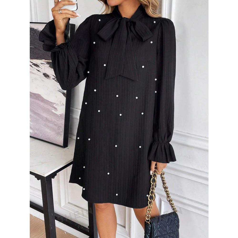 Spring Women's Bow Tie Beaded Long Sleeve Solid Colour Dresses