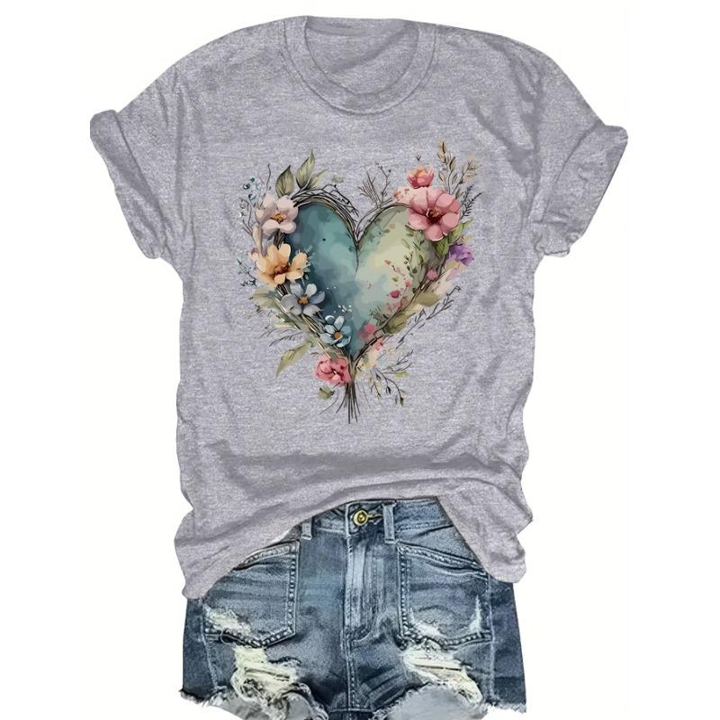Short Sleeve Love Flower Large Size Round Neck Fashion T-Shirt