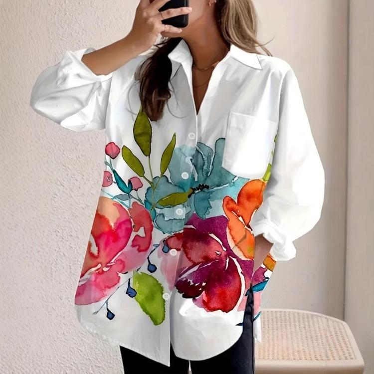 

Elegant Floral Print Ink Cardigan Casual Shirt Top with Pocket S білий