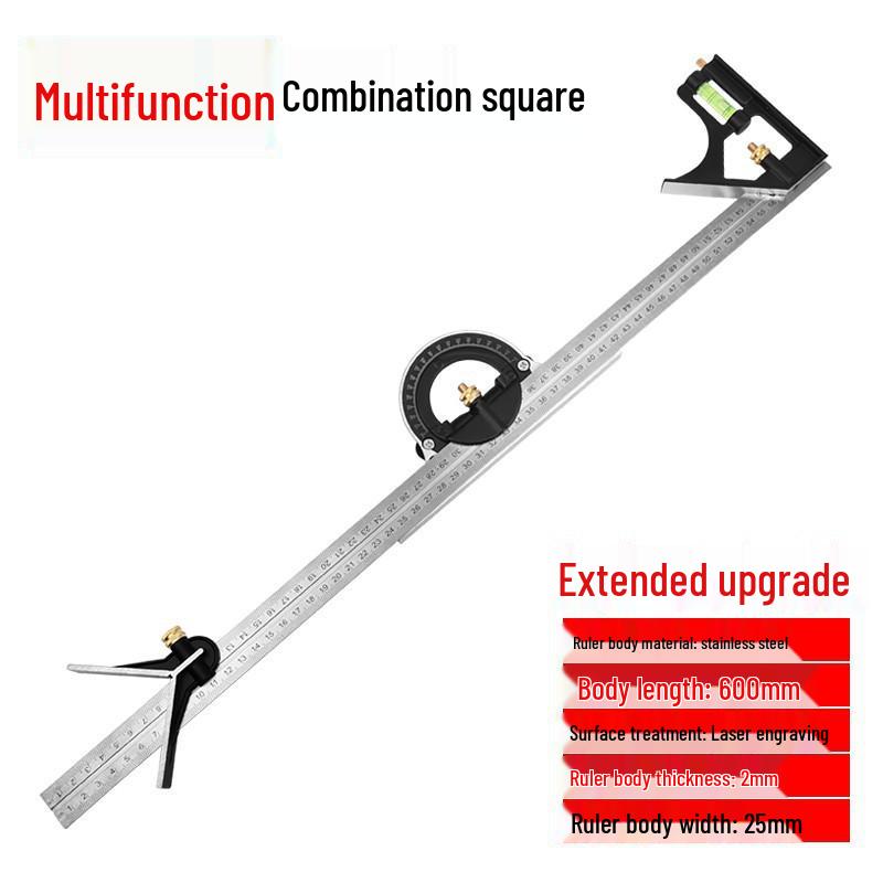 High-Precision Adjustable Stainless Steel 90-Degree Right Angle Woodworking Ruler with 45-Degree Multi-Function Combination.