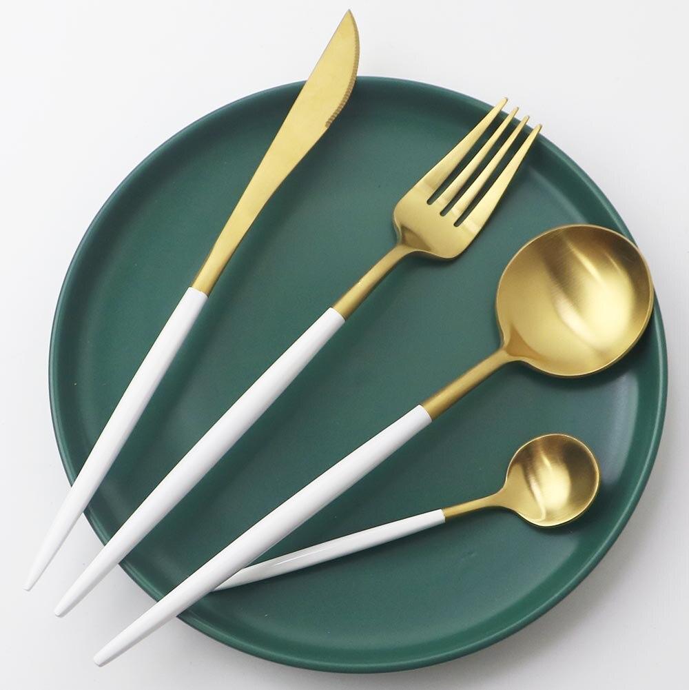4Pcs/set Gold Cutlery Set Round Fork Knife Spoon Dinnerware Set 18/8 Stainless Steel Matte Tableware Set Wedding Flatware Set