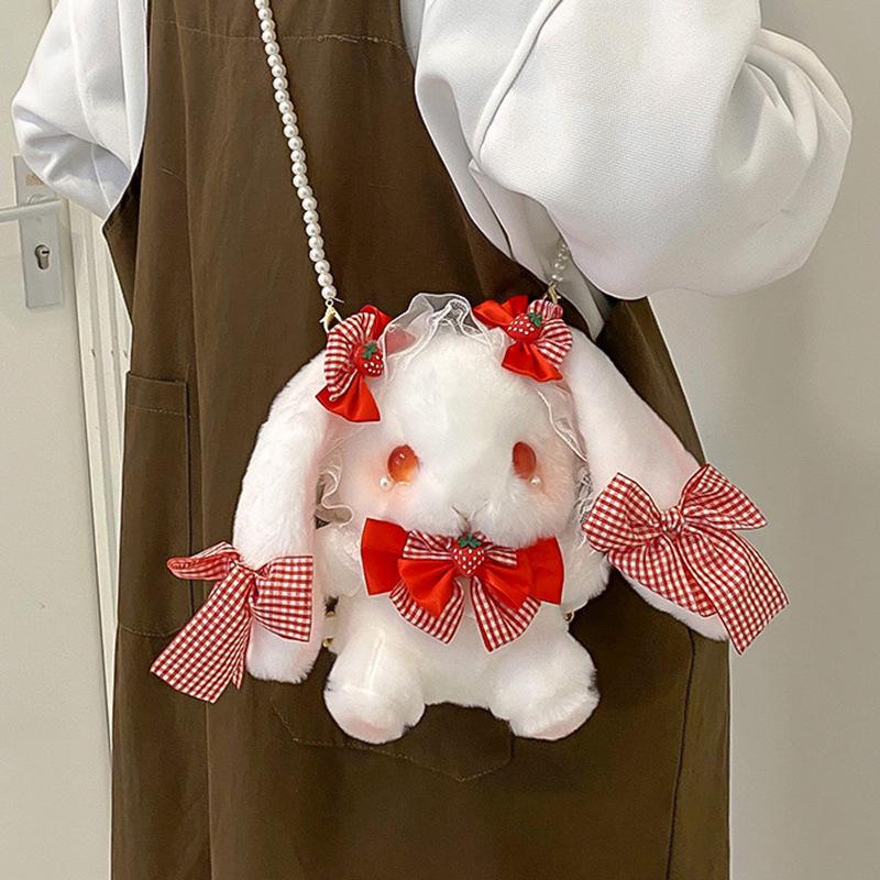 Cartoon Rabbit Plush Crossbody Bag with Pearl Chain