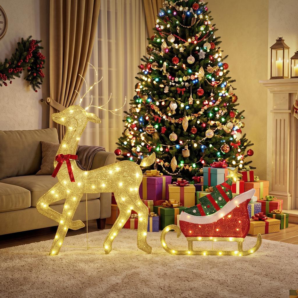 Illuminated Reindeer with Sleigh, Flat Christmas Decoration for Outdoors, 95 Warm White LEDs, 8 Lighting Modes, Timer
