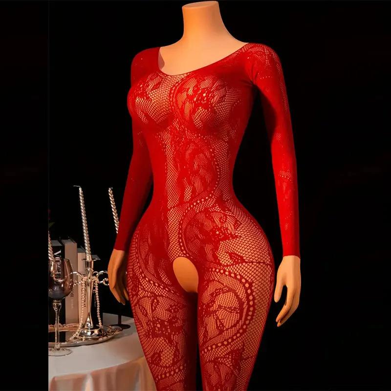 Ruby Red Enticing Sleepwear Net Net Fabric Bodystocking Female Open Gusset Style Sex Lingerie Bottoms Sensual Sleepwear One Piece Outfit Jumpsuit