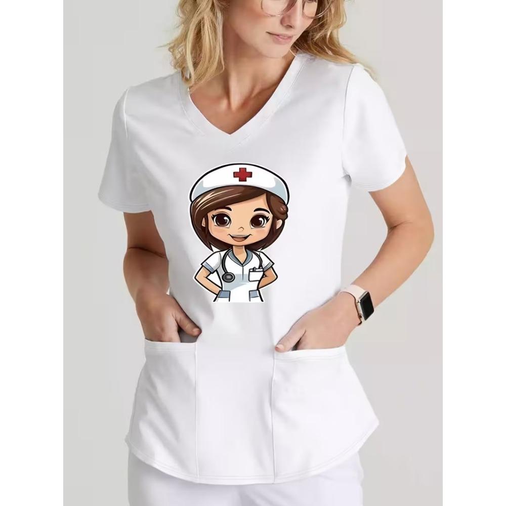 Surgical Gown Women's 3D Printed Nurse Top Summer Fashion V-tie Pocket Short Sleeved Women's Medical Gown