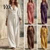 Flowy Women Dress V-Neck Lace for Fall, 3/4 Sleeves Maxi with Versatile Commuter Belt, Solid Color Loose Casual Long Vacation Daily Wear Dresses