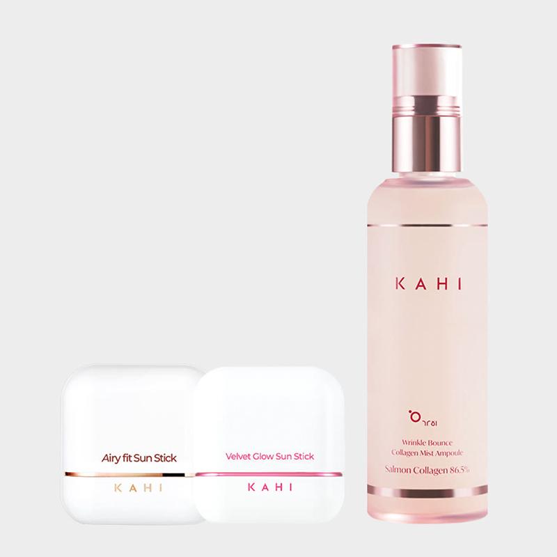 KAHI Airy Fit Sun Stick SPF50+ 14g + Velvet Glow Sun Stick SPF50+ 13.5g + Collagen Mist Ampoule 120ml (3-Set)