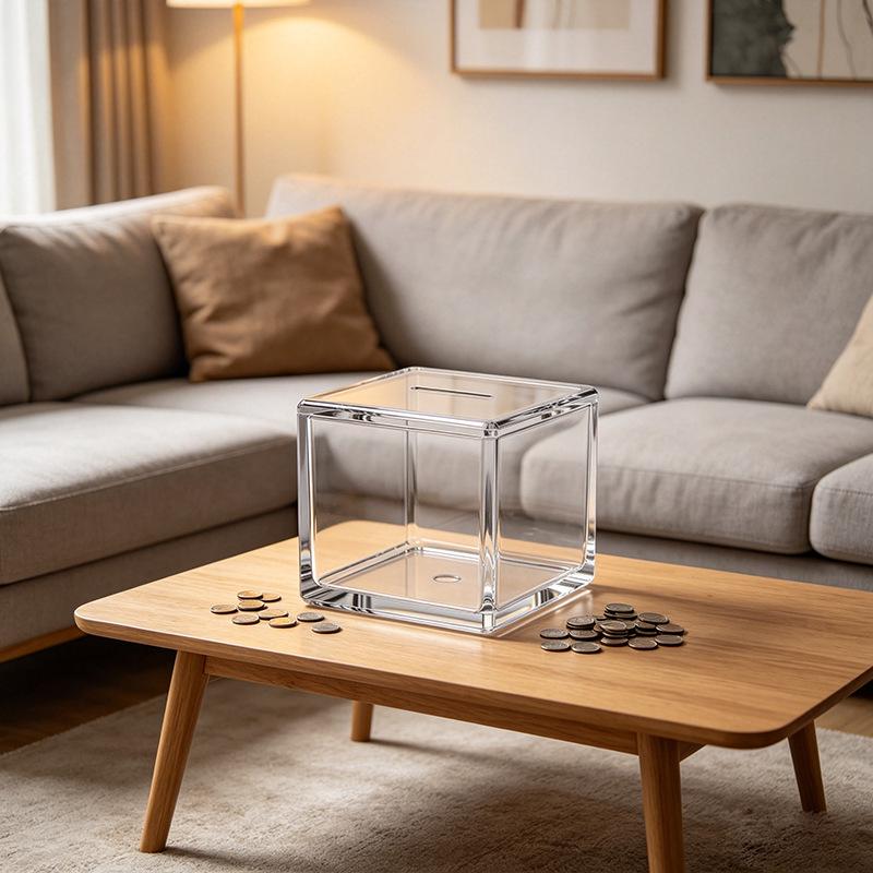 Square Clear Acrylic Piggy Bank with In-Only Slot, High Transparency
