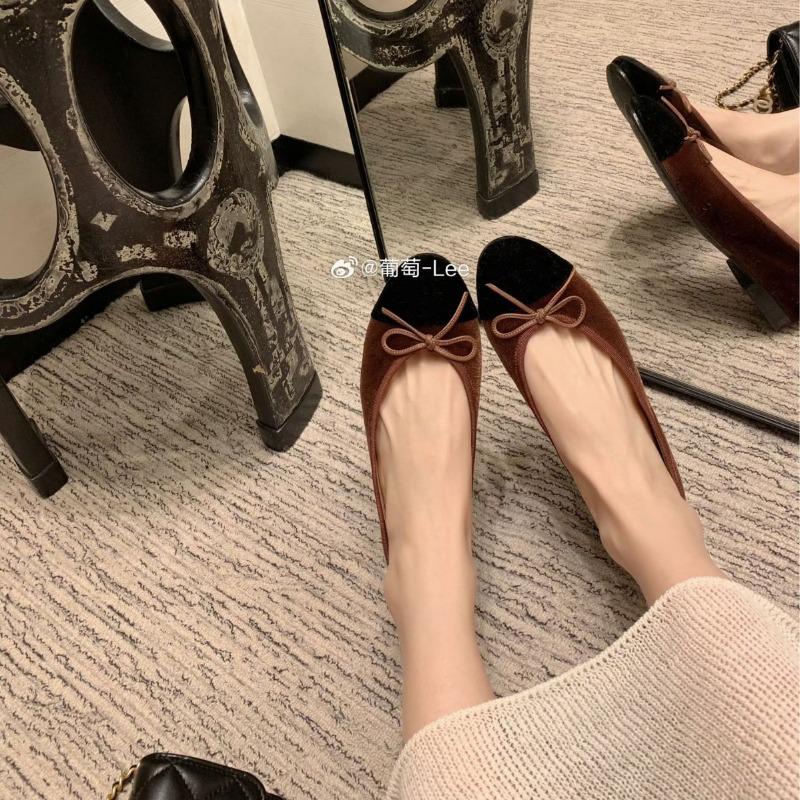Sheepskin version of classic round head bow velvet tweed shallow mouth flat bottom single shoes women