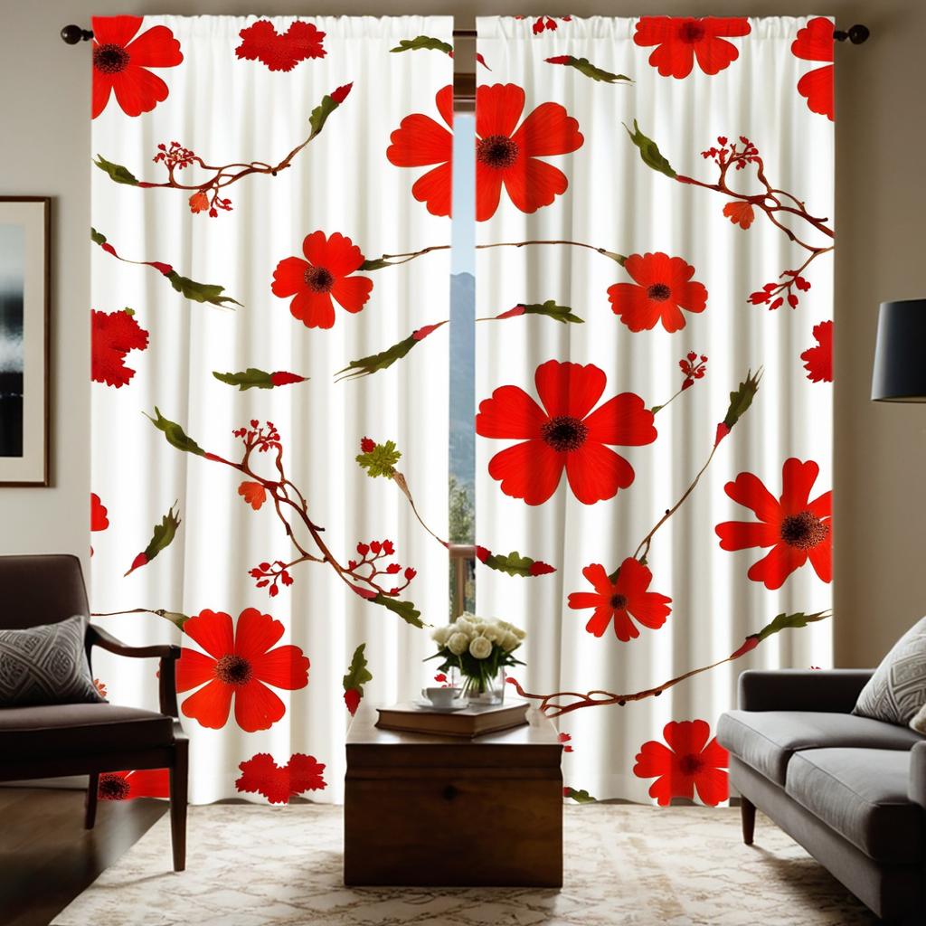 2pc Gorgeous Style Red Floral Print Curtains   Polyester Fabric   Machine Washable   Suitable for Bedroom Living Room Decoration