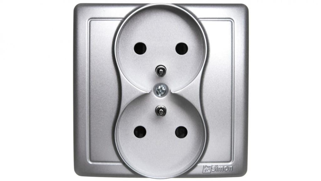 Simon Basic Double Socket Outlet with Earthing Complete with Shutters 16A 250V Matt Silver Bmgz2Z/43