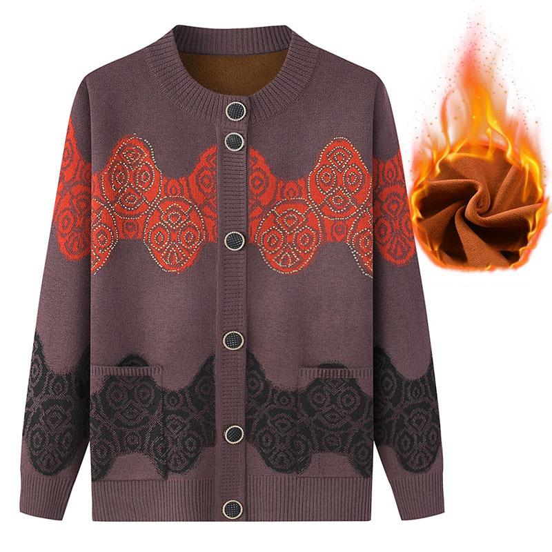 Polaire d'hiver Épaississement Âge moyen et Personnes âgées Mode Vêtements de mère Motif imprimé Pull tricoté Tempérament Élégant Vêtements pour personnes âgées