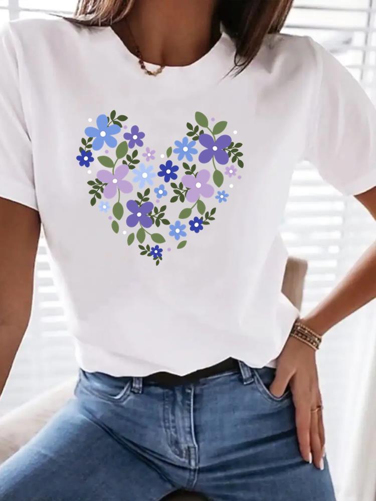 (Aziatische maat) letter bloem schattig Print Dameskleding T-shirt Top Vrouw Korte Mouw T-shirt Mode Vrouwelijke Grafische T-shirts