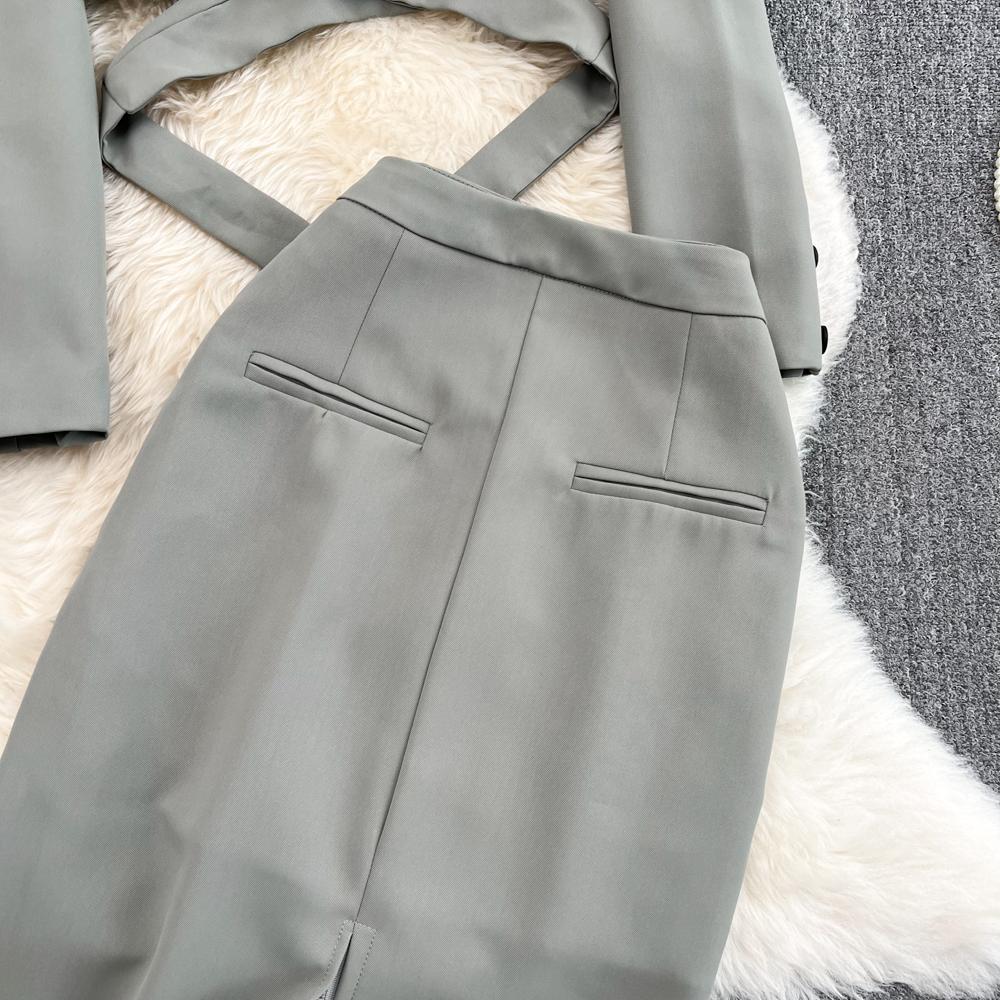 Women's Autumn Suit Collar High Waist Short Lace-Up Coat Two Piece High Waist Mid Length Split Skirt