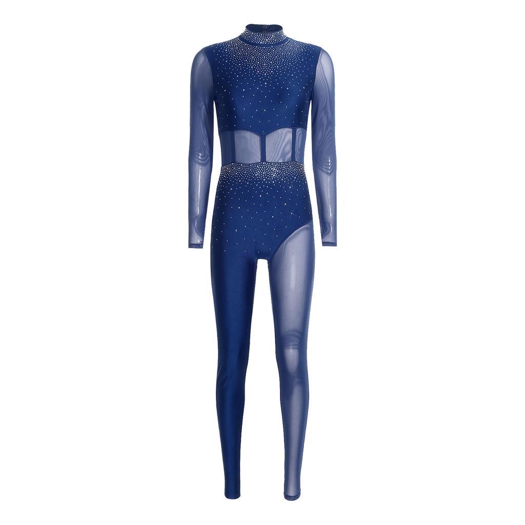 Womens Gymnastics Unitard Bodysuit Rhinestone Sheer Mesh Patchwork Cutout Back Full Body Jumpsuit Figure Skating Wear