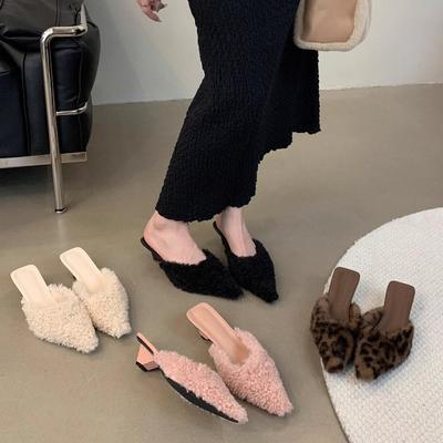 New Slippers Women's Fashion Temperament Beautiful Color Fluffy Half Slippers Women's Stiletto High Heel Bag Drag High Heels Winter