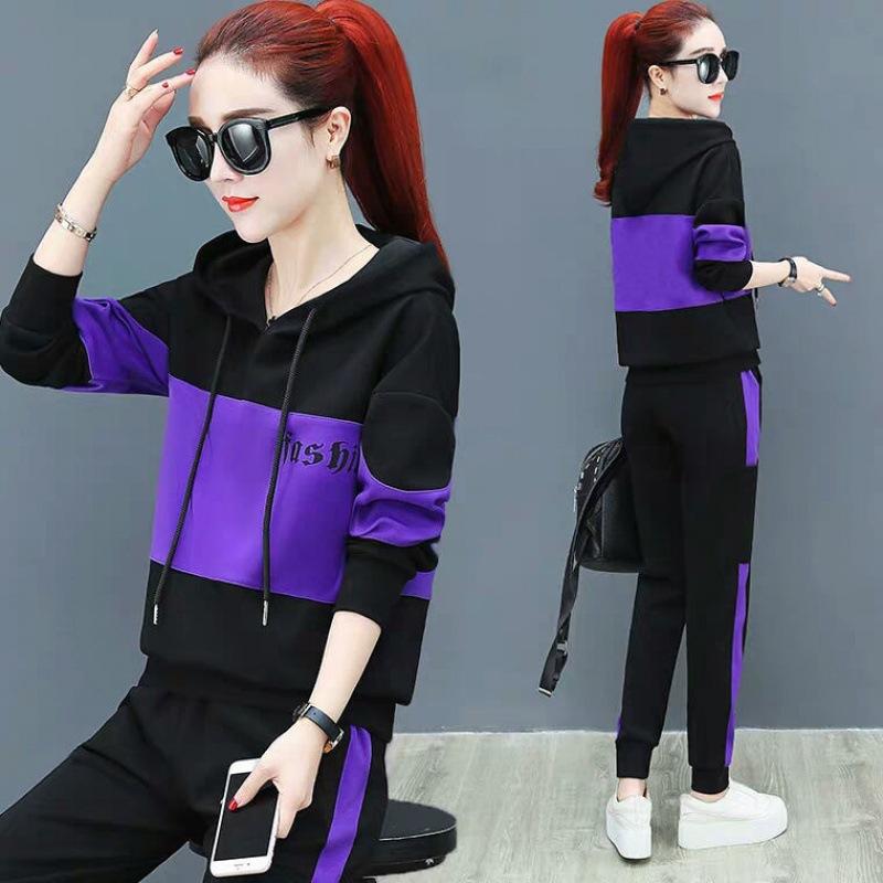 Autumn and Winter Sports Suit Women's Casual Korean Style Loose Slim Hooded Sweatshirt Large Size Two-piece Set