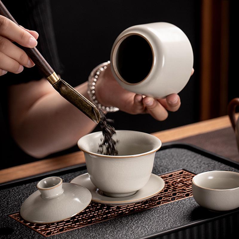 High-End Ru Kiln Ceramic Kung Fu Tea Set - Luxury Gaiwan Teapot, Tray, and Cups for Home.