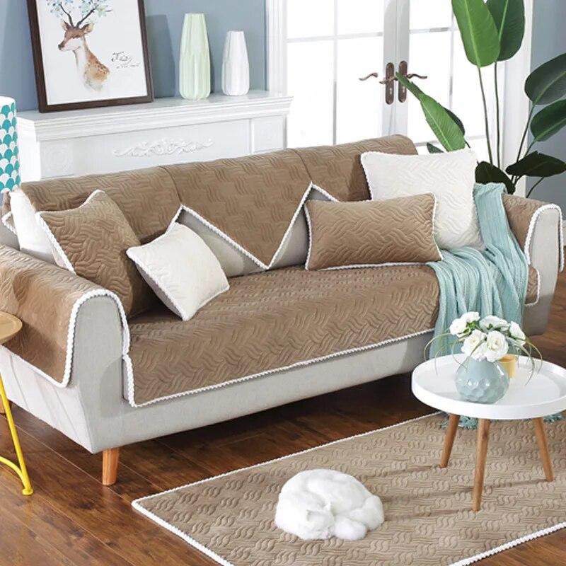 Soft Velvet Sofa Cover Solid Colour Thickened Living Room Sofa Cover Warm Jacquard Non-Slip Plush Sofa Back Cover Armrests Cover